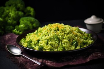 Canvas Print - broccoli rice against dark background with spotlight