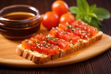 Sticker - bruschetta slice with honey against bamboo mat