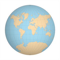 Sticker - Simplified Map of World in the circle focused on Europe and Africa. Latitude and longitude grid. Van der Grinten projection. Thin black line wireframe vector illustration