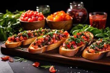 Sticker - side-angled view of a spread of multiple bruschetta