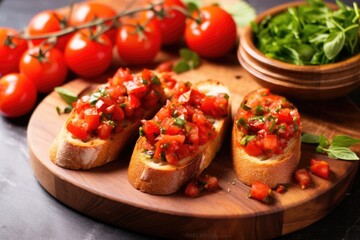 Canvas Print - bruschetta on a bamboo platter next to a bunch of thyme