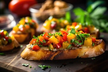 Sticker - crusty smoked gouda bruschetta neatly placed on table