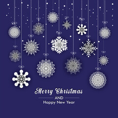 Wall Mural - Christmas Background with Hanging Paper Style Snowflakes