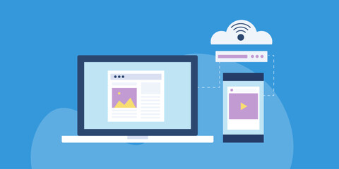 Content delivery network with cloud hosting technology, website or blog, video content display on digital device screen, internet connection network cloud computing technology, vector illustration.