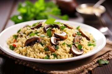 Poster - plate of couscous salad with a focus on mushrooms