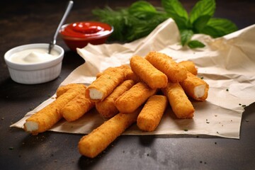 Poster - freshly cooked mozzarella sticks on a paper napkin