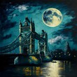 London Tower Bridge and Painted by Van gogh night moon 