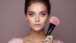 Attractive young woman wearing headband holding makeup blusher brush and applying makeup to face - Generative AI