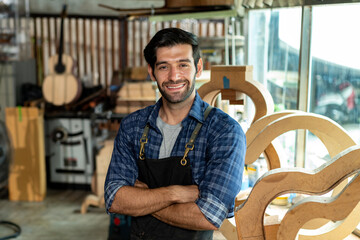 Wall Mural - Acoustic Guitar Luthier Smiling in Workshop Portrait