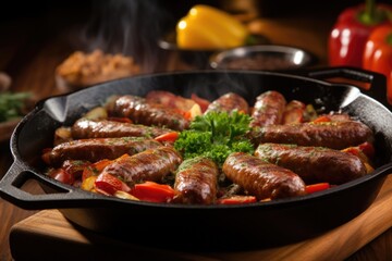 Sticker - morning breakfast sausages sizzling on a large skillet