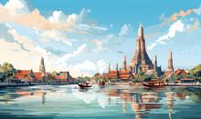 Scenery Of Wat Arun, Bangkok, Thailand In Illustrations, Presentation Images, Travel Image Ideas, Tourism Promotion, Postcards, Generative AI