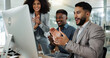 © N F/peopleimages.com - People, team and collaboration in celebration at office for success, achievement or goal in project. Diverse group, congratulations and technology in digital marketing, sales or e commerce with staff
