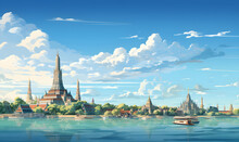 Scenery Of Wat Arun, Bangkok, Thailand In Illustrations, Presentation Images, Travel Image Ideas, Tourism Promotion, Postcards, Generative AI