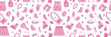 Seamless Fashionable Pink Patterns In Barbicore Style. Vector Illustration