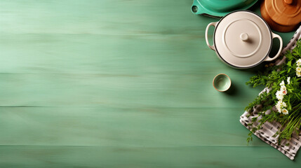 Wall Mural - green wooden table, with cooking utensils. view from top. empty table for product montage - Generative AI