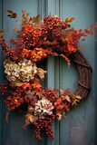 Fototapeta Las - A wreath of dry hydrangea and autumn leaves on a shabby blue front door. Thanksgiving decor.