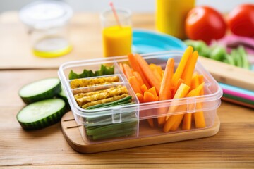 Poster - lunchbox on school desk filled with vegetable sticks and dip