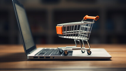 Shopping cart with laptop keyboard on wood table in office bokeh background