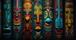 A group of colorful wooden tiki masks hanging on a wall