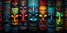 A Group Of Brightly Colored Wooden Tiki Masks