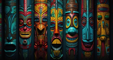 Wall Mural - A group of colorful wooden tiki masks hanging on a wall