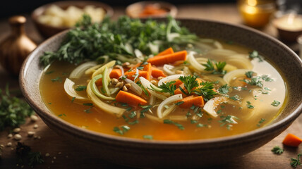 Wall Mural - photo chicken soup, carrots and potatoes in a white bowl for winter meals 1