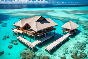 Wall Mural - A serene overwater bungalow surrounded by crystal-clear turquoise waters, with a vibrant coral reef underneath.