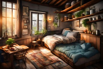 Wall Mural - A cozy  corner with a comfortable  bed, food and water dishes, and -friendly decor.