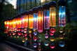 photo featuring wind chimes with colorful elements that catch and reflect sunlight, producing a rainbow effect.