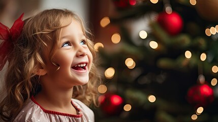Wall Mural - little girl laughs against the background of a christmas tree (generative AI)