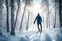 A Cross-country Skier Gliding Effortlessly Through A Snowy Forest.