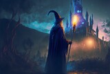 Fototapeta  - witch in robes age 16 weilding a wand magic light at the tip of the wand outside in windy conditions blue and gold theme spooky castle in background 4k UHD HDR ambiant lighting 