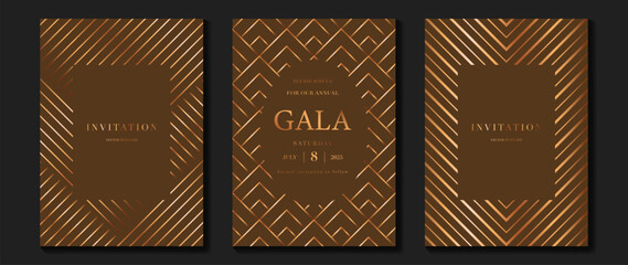 Luxury invitation card background vector. Golden elegant geometric shape, gold lines gradient on brown background. Premium design illustration for gala card, grand opening, party invitation, wedding.