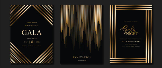 Luxury invitation card background vector. Golden elegant geometric shape, gold lines gradient on dark background. Premium design illustration for gala card, grand opening, wedding, party invitation.