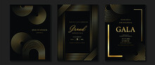 Luxury Invitation Card Background Vector. Golden Elegant Geometric Shape, Gold Line, Dot Gradient On Dark Background. Premium Design Illustration For Gala Card, Grand Opening, Party Invitation.