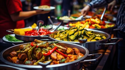 Indoor restaurant setting where a group of people is catering buffet food, including meats, colorful fruits, and vegetables.