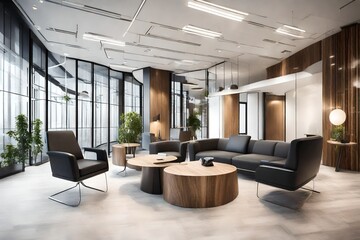 Wall Mural - A stylish office reception area with a contemporary design and comfortable seating for visitors.