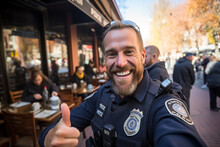 Happy Policeman Takes A Selfie With His Mobile Phone On The Street, Smiling