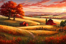 A Peaceful Countryside Scene With Rolling Hills And A Red Barn In The Distance.