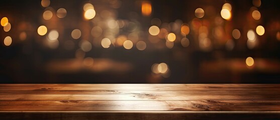 Wall Mural - empty wooden table. cozy corner. background bokeh in vintage cafe. blurred ambiance. coffee shop dre