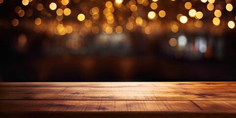 Wall Mural - empty wooden table. cozy corner. background bokeh in vintage cafe. blurred ambiance. coffee shop dre