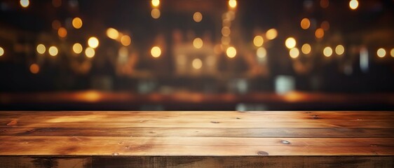 Wall Mural - empty wooden table. cozy corner. background bokeh in vintage cafe. blurred ambiance. coffee shop dre