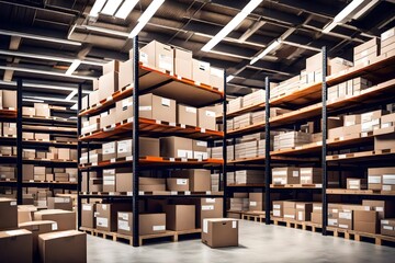 A well-organized inventory warehouse with neatly stacked boxes and shelves