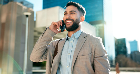 Aufkleber - City, phone call and business man with time or check watch for schedule, job opportunity and travel communication. Corporate worker talking on mobile and walking fast for appointment or urban journey