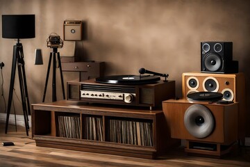 Wall Mural - A vintage record player on a retro media console with vinyl records and classic speakers.