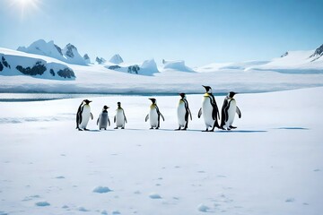 Wall Mural - A family of penguins waddling through a snowy Antarctic landscape.