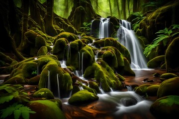 Wall Mural - A cascading waterfall surrounded by moss-covered rocks and ferns in a dense forest.