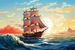 vector illustration of a view of a sailing ship at sea