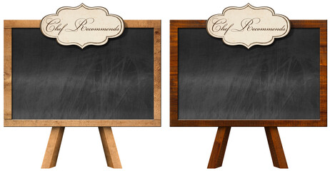 Two empty blackboards with copy space, wooden frame, easel and a label with text Chef Recommends, isolated on white or transparent background, 3d illustration. Png.