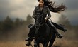 A woman riding a black horse